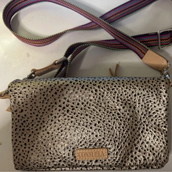 Consuela Metallic Silver Leopard Crossbody with Rainbow Woven Strap and Tan Trim - Picture 3 of 5